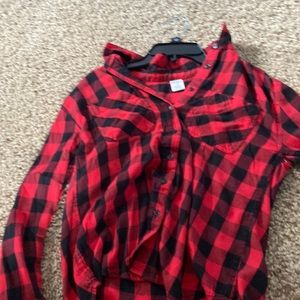 Black and red, girls large, flannel button down shirt.